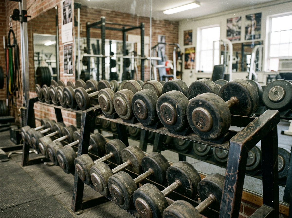Dumbbell rack in a dark gym lit with red accent lighting