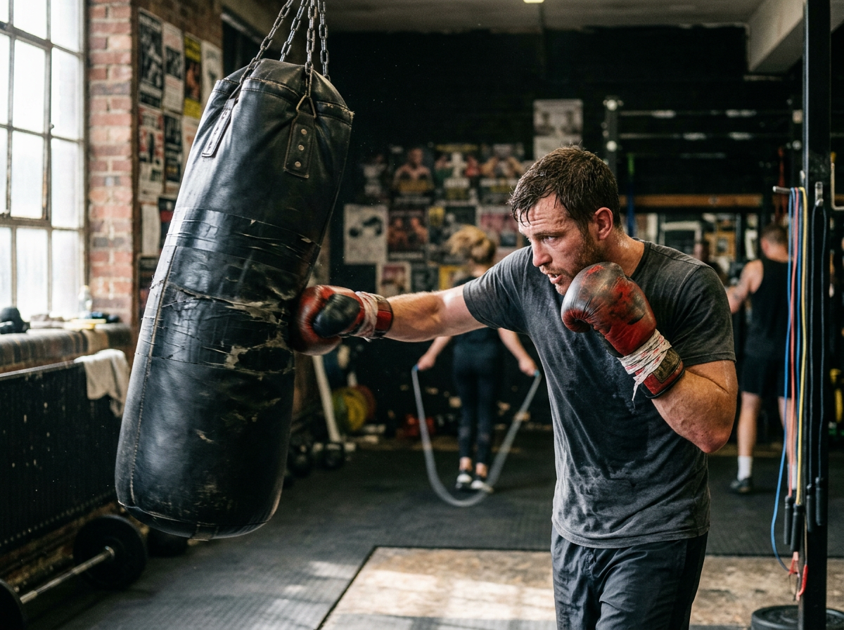 Member training on the heavy bag during a boxing session