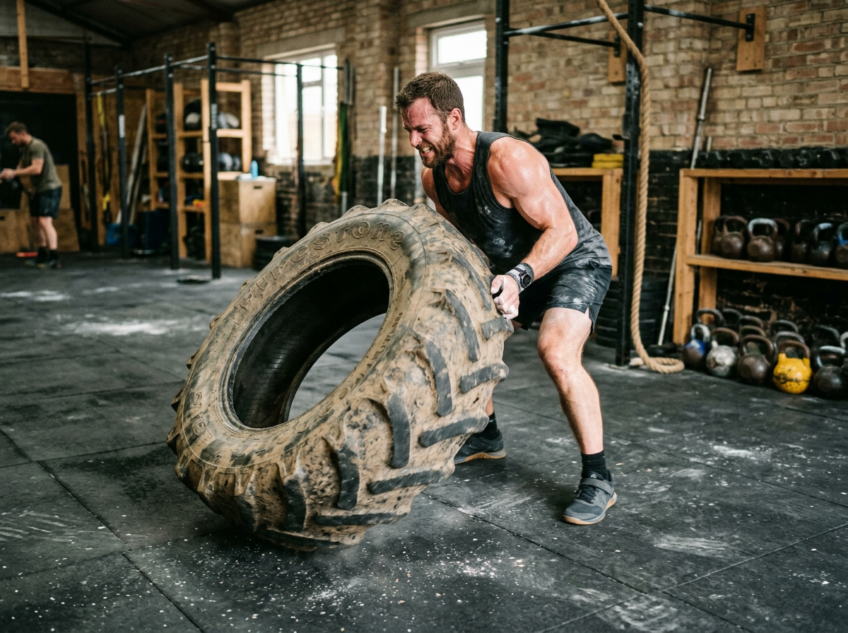 Athlete performing a kettlebell exercise on the functional floor
