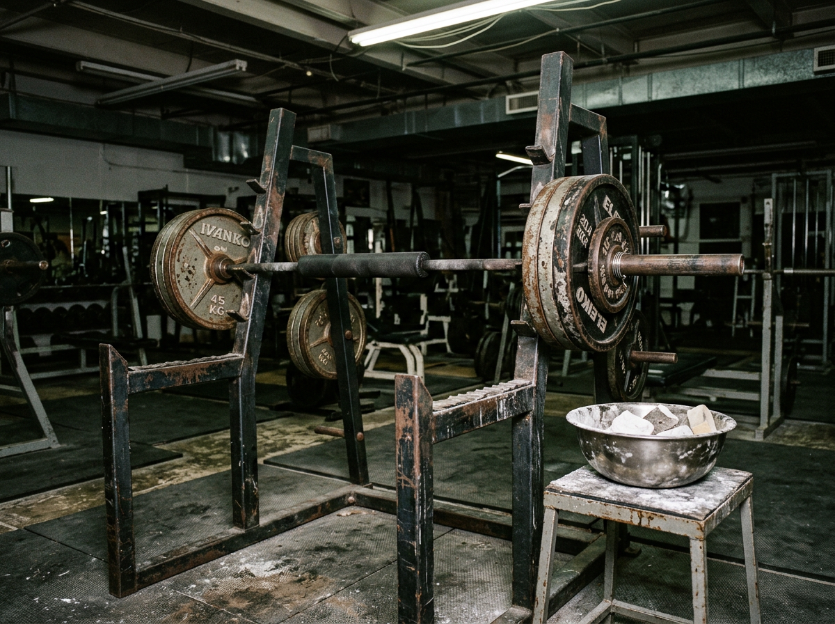 Loaded barbell resting in a squat rack